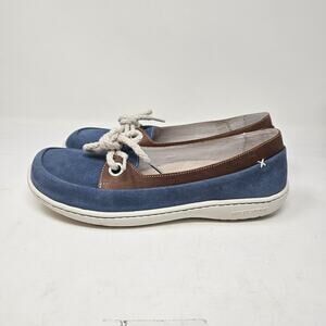 Birkenstock Brown And Blue Suede Leather Accented Lace-Trim Slip-On Flats